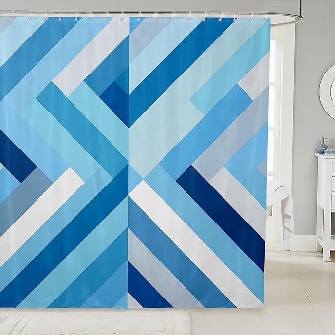 Feelyou Blue Stripe Fabric Shower Curtain Geometric Bathroom Waterproof Accessories with 12 Hooks for Kids Teens Adults Stripe Line Shower Curtain Simple Modern Curtains,72x84 Inches