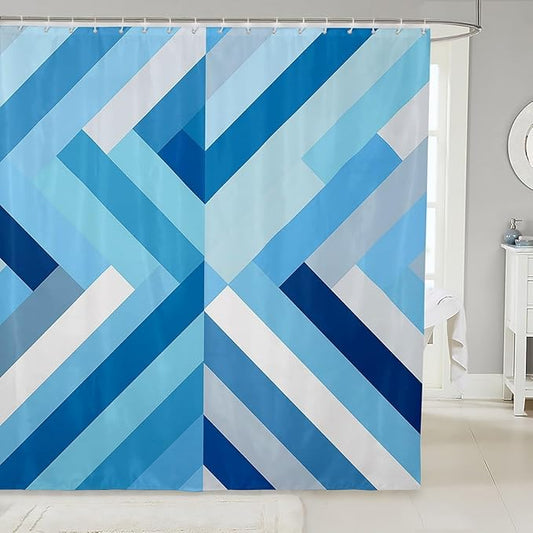 Feelyou Blue Stripe Fabric Shower Curtain Geometric Bathroom Waterproof Accessories with 12 Hooks for Kids Teens Adults Stripe Line Shower Curtain Simple Modern Curtains,72x78 Inches