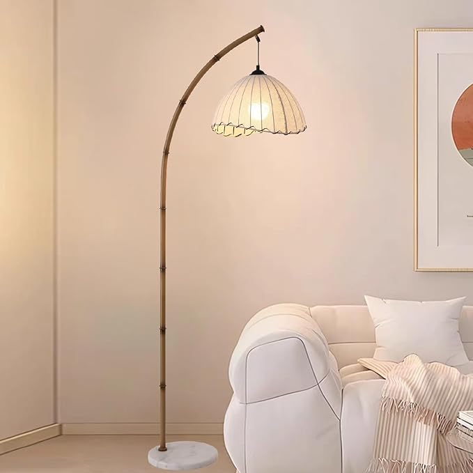 Bamboo Floor lamp Mid Century Rattan Retro Floor Light Bohemian Style LED Tall lamp for Living Room Bedroom Vintage Rattan lamp Decoration Office Standing Floor lamp