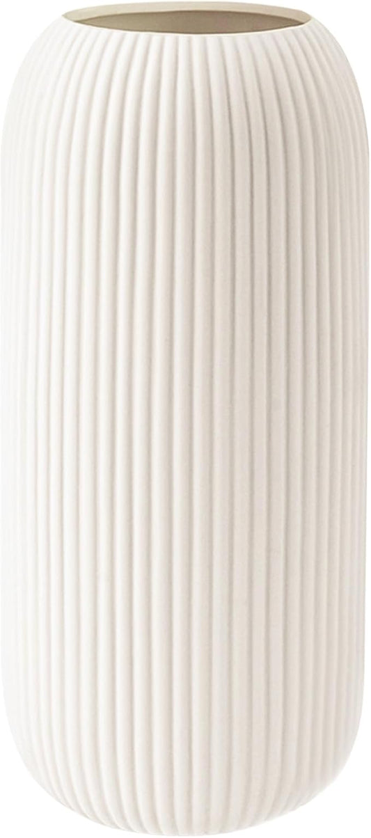 White Ceramic Vase for Flowers, Tall Home Decor Vase with Ribbed Texture, Vases for Centerpieces, Farmhouse Decor, Living Room, Christmas Decor Bedroom, Table, and Kitchen Shelf (10.2 in)