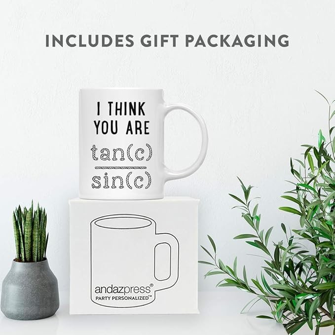 Andaz Press Valentine’s Day Funny 11oz. His Her Couples Coffee Mug Gift, I Think You Are Tan(c) Sin(c), 1-Pack, Gift Box