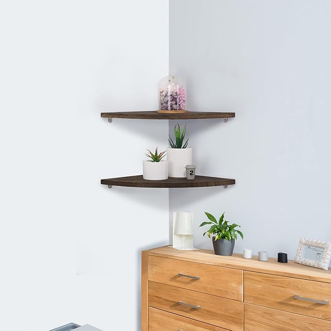 12 inch Corner Wall Shelf, Set of 2 Solid Wood Corner Floating Shelves for Wall, Round End Wall Mounted Floating Shelf for Bedroom, Living Room and Kitchen (Brown-12 inch)