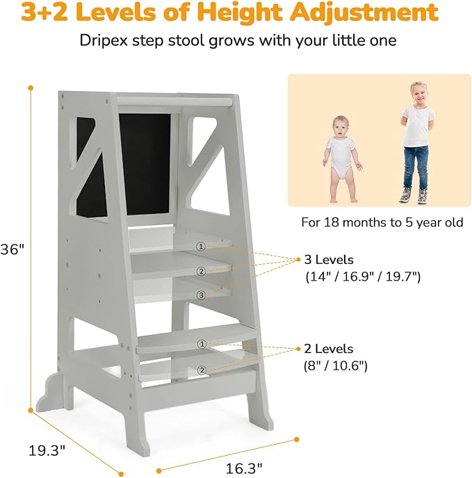 Toddler Step Stool - Toddler Tower with Message Boards & Safty Rail, Adjustable Height Learning Tower for Toddlers 1-3, Chalkboard and Whiteboard, Anti-Slip Protection,Wooden Toddler Counter (Grey)