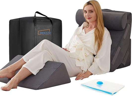 Orthopedic Bed Wedge Pillow Set 4PCS, Wedge Pillow Set for Back Pain Relief, Sitting up in Bed, Post Surgery, Acid Reflux, Snoring&GERD, Body Pillow for Sleeping,Leg,Neck,Shoulder Support, Velvet Grey