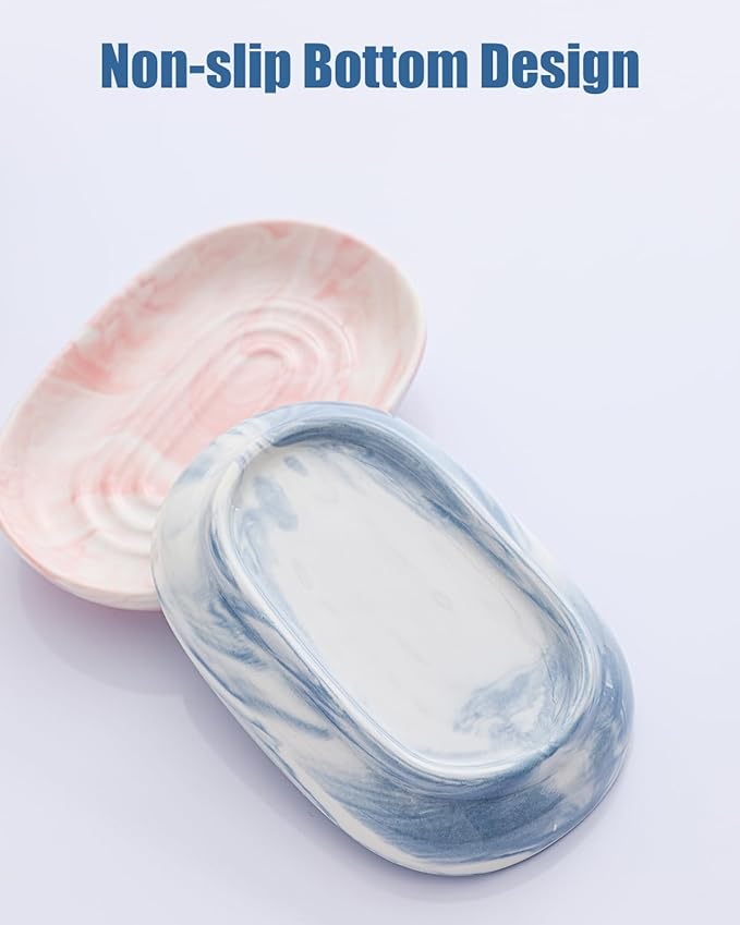 Handcrafted Fancy Ceramic Soap Dish, Decorative Soap Holder with Unique Marble Textures, Multi-Purpose Soap Bar Holder for Bathroom & Kitchen, Non-Slip & Waterproof (Blue Texture)