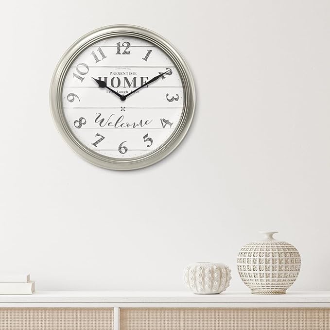 Presentime & Co. 12.6" Illuminated Farmhouse Wall Clock, Silent Battery Operated Night Light Wall Clock with Smart LED Sensor for Living Room, Bathroom, Kitchen, Home Office, Morning Silver