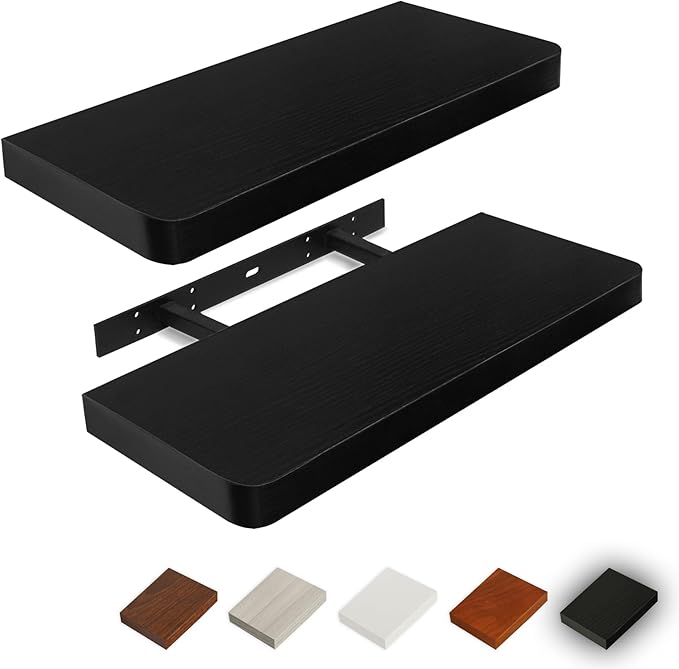 Floating Shelves for Wall, Wood Shelves with Invisible Brackets for Bathroom, Living Room, Bedroom and Kitchen, Long Wall Shelf for Books/Storage/Room Decor, 17 Inch, Set of 2, Black