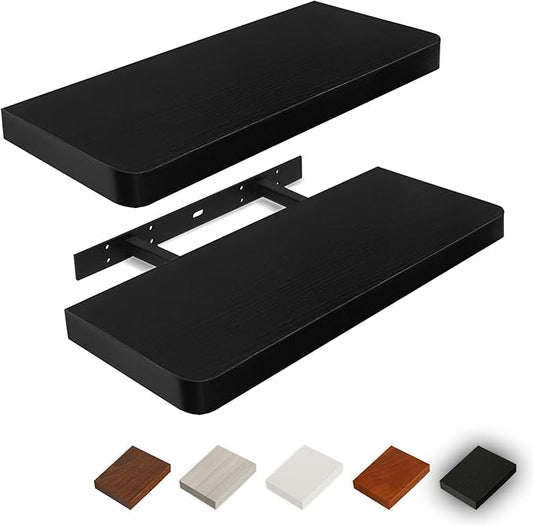 Floating Shelves for Wall, Wood Shelves with Invisible Brackets for Bathroom, Living Room, Bedroom and Kitchen, Long Wall Shelf for Books/Storage/Room Decor, 17 Inch, Set of 2, Black