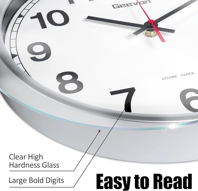 Geevon Atomic Wall Clock 14 Inch, Atomic Analog Wall Clocks Battery Operated, Large Digits Atomic Clock for/School/Classroom/Bedroom/Living Room/Office (Silver Frame)