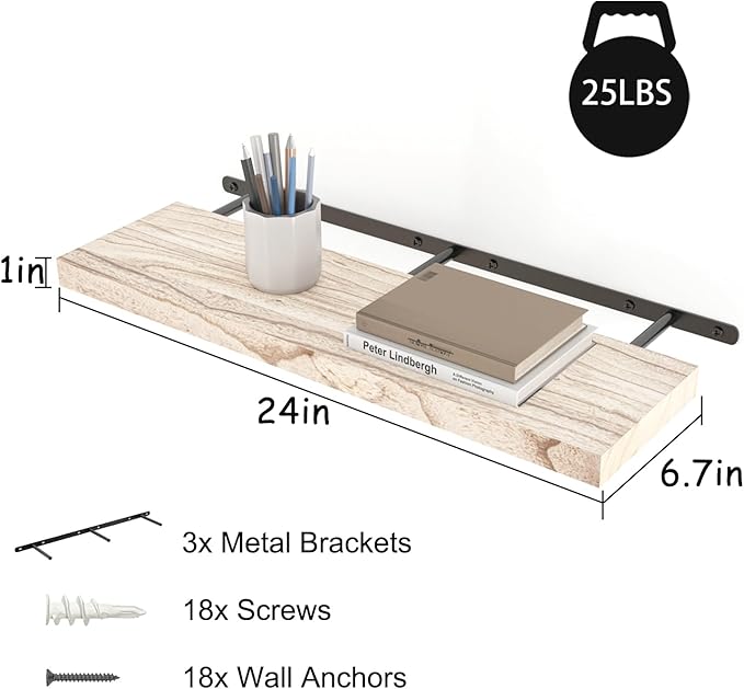 Floating Shelves 24 Inch Wall Shelf Solid Wood Mounted Storage for Bedroom Living Room Set of 3, Rustic Torched Wall Shelves