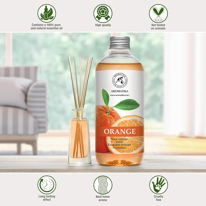 Orange Reed Diffuser Refill 17 Fl Oz (500ml) - Room Fragrance Diffuser with Natural Essential Orange Oil - Best for Aromatherapy - Reed Diffuser Oil Refill Orange for Spa - Home - Kitchen - Office