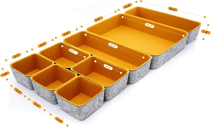 Welaxy desk drawer organizers tray dividers small shallow felt storage box for office suppliers entryway catchall key holder makeup crafts pens decluttering 8-piece back to school (Curry)