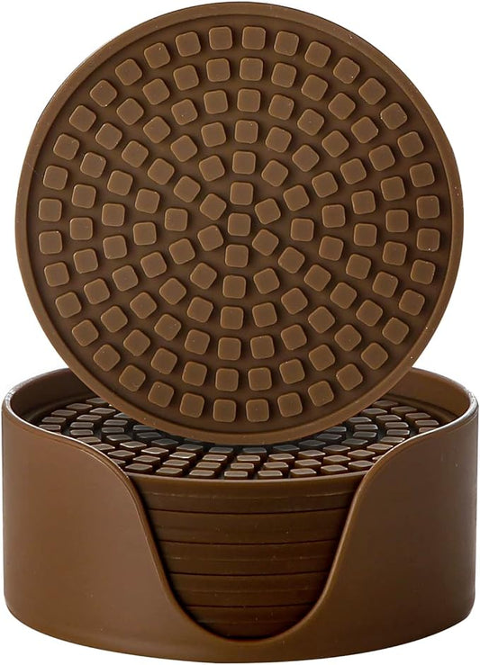 Colinda Silicone Drink Coasters with Holder, Set of 6, Outdoor Cup Mat for Hot or Cold Drinks, Thickened, Non-Slip,Non-Stick, Brown