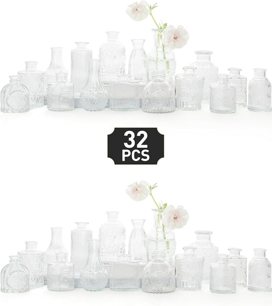 Glass Bud Vase Set of 32 - Clear Bud Vases in Bulk, Small Vases for Flowers, Cute Vases for Centerpieces, Mini Vintage Vase for Rustic Wedding Decorations, Home Table Flower Decor