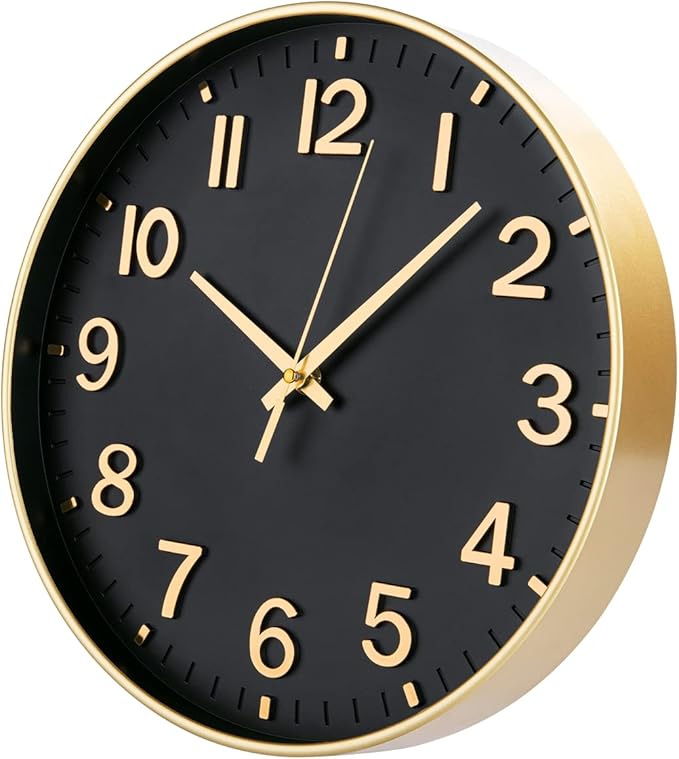 HZDHCLH Black Wall Clocks Battery Operated,12 inch Silent Non Ticking Modern Clock for Wall, 3D Numbers Wall Clock for Kitchen Bedroom Living Room Office Classroom Decor (Black-Gold)