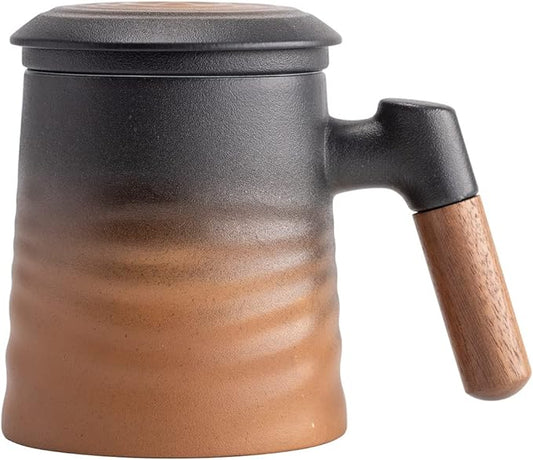 ZENS Tea Cup with Infuser and Lid, Wood Handle Loose Tea Steeper Mug, 12 Ounces Matte Gradient Embossed Ceramic Stainer Mug for Tea Gifts, Black &Brown