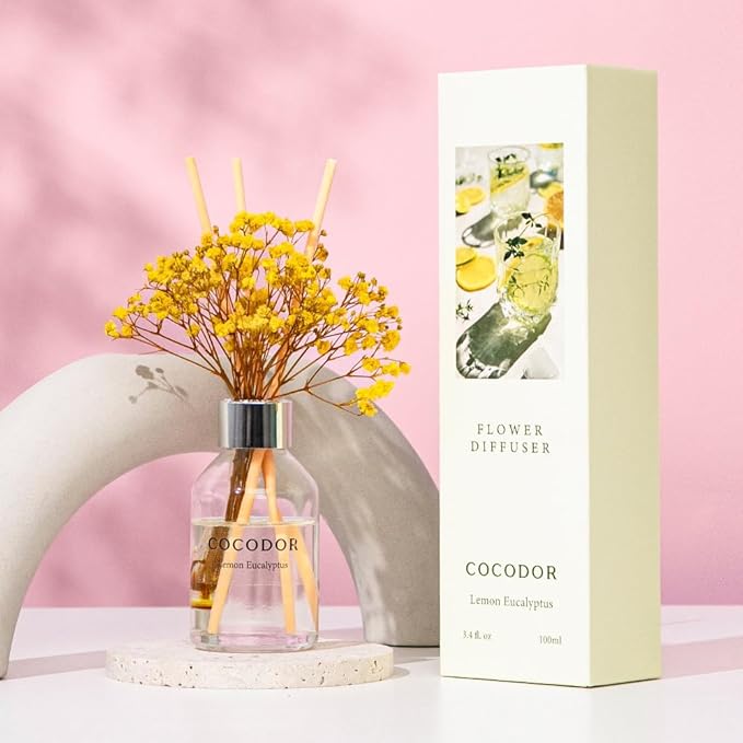 COCODOR Flower Reed Diffuser Set / 3.4oz / Lemon Eucalyptus/Scent Diffuser with Sticks Home Fragrance Reed Diffuser for Bathroom Shelf Decor