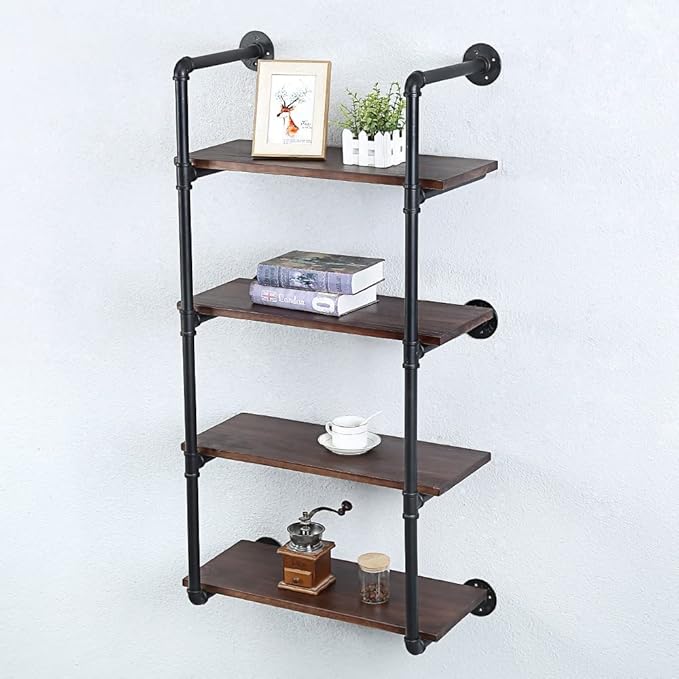 Industrial Pipe Shelving Wall Mounted,24in Rustic Metal Floating Shelves,Steampunk Real Wood Book Shelves,Wall Shelf Unit Bookshelf Hanging Wall Shelves,Farmhouse Kitchen Bar Shelving(4 Tier)