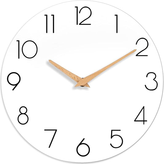 Wall Clock, 10 Inch Wooden Silent Non-Ticking, Decorative Battery Operated Wall Clocks for Bedroom, Kitchen, Home, Living Room, Office, School, Hotel (White)