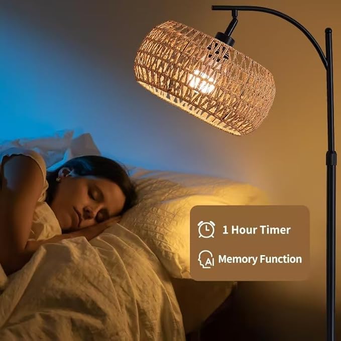 Black Floor Lamp for Living Room, Boho Rattan Floor Lamp with Shelf Farmhouse Standing Lamp with 3 Color Temperature, Arc Cornor Tall Lamp for Bedroom Office,Remote & Dimmable LED Bulb Included.
