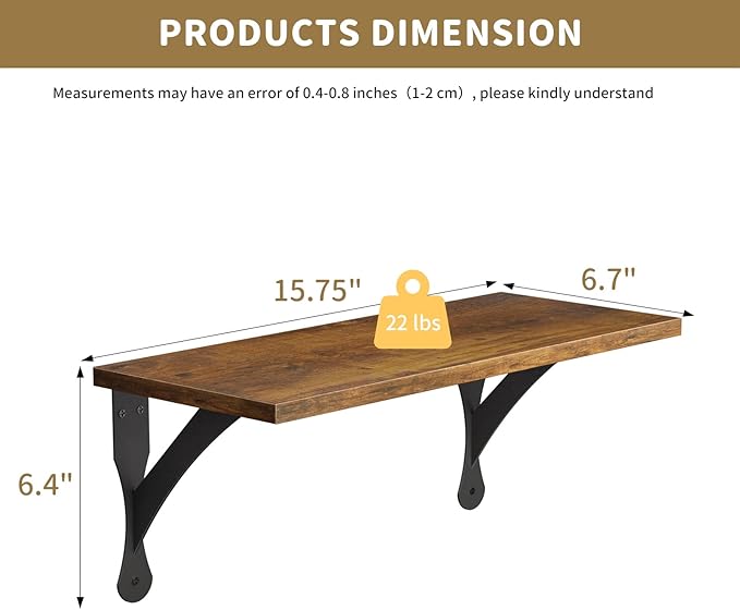 Wood Floating Shelves Set of 3, Wide Display Shelf Wall Mounted with Brackets, Easy Hanging Floating Shelves for Bedroom, Kitchen, Living Room, Bathroom (Rustic Brown)