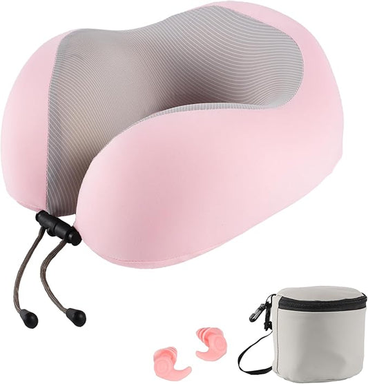 Travel Neck Pillow, Curved Ergonomic Design, Ice Silk Fabric is Comfortable and Breathable, The Pillowcase is Removable. Comes with Portable Storage Bag and Ear Plugs (Pink)