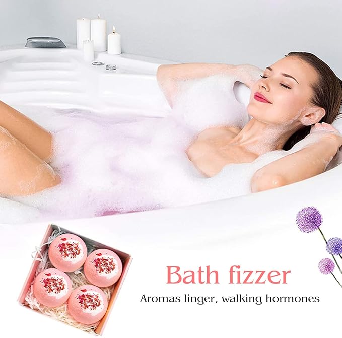 Dried Flower Bath Bombs Salt Balls,4 Pack Gift Set,Rose Extract Essential Oils,Moisturizing Dry Skin,Fizzy Spa,Relaxation,Self Care,Relaxing,Bubble Bath Bomb Gifts Idea for Men Women