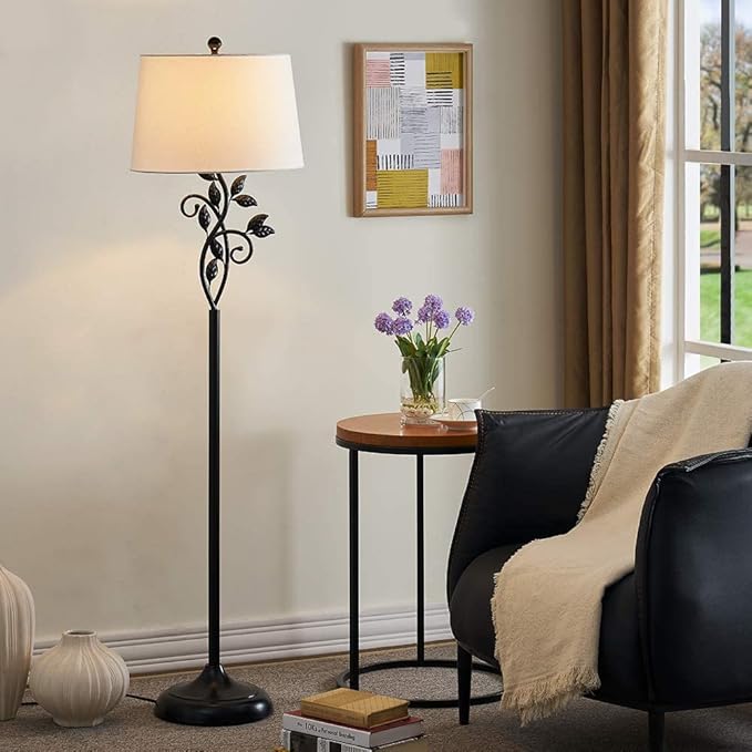 Maxax Traditional Floor Lamp, Reading Standing Light with White Fabric Shade, 100W 3-Way Dimmable Metal Leaf Floor Lamp for Living Room and Bedroom, Black