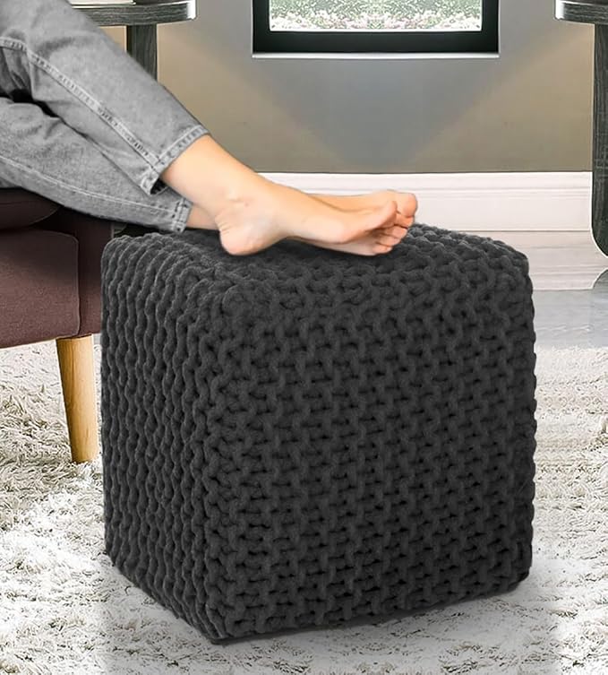 COTTON CRAFT Braided Cube Pouf - Hand Knitted Cotton Cord Cable Dori Ottoman - Foot Stool - Floor Pouf - Footrest - Portable Lightweight Accent Seat - Living Room Bedroom Dorm - 15 x 15 Square - Grey