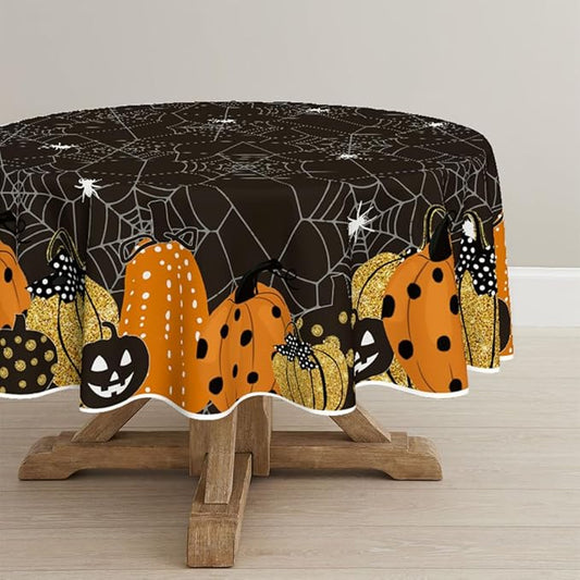 Horaldaily Halloween Tablecloth 60x60 Inch Round, Jack-O-Lantern Pumpkin Cobweb Scary Themed Black Washable Table Cover for Party Picnic Dinner Decor