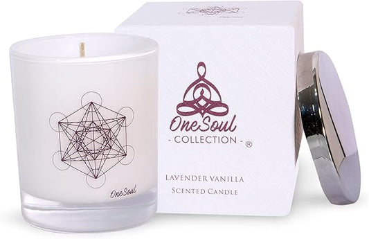 Lavender Vanilla Aromatherapy Candle, Floral Scented Candles, Luxury Candles Scented with Metatron’s Cube Symbol, Hand-Poured Soy Candle, 50 Hours Long Time, 7.6 oz. - OneSoul Collection