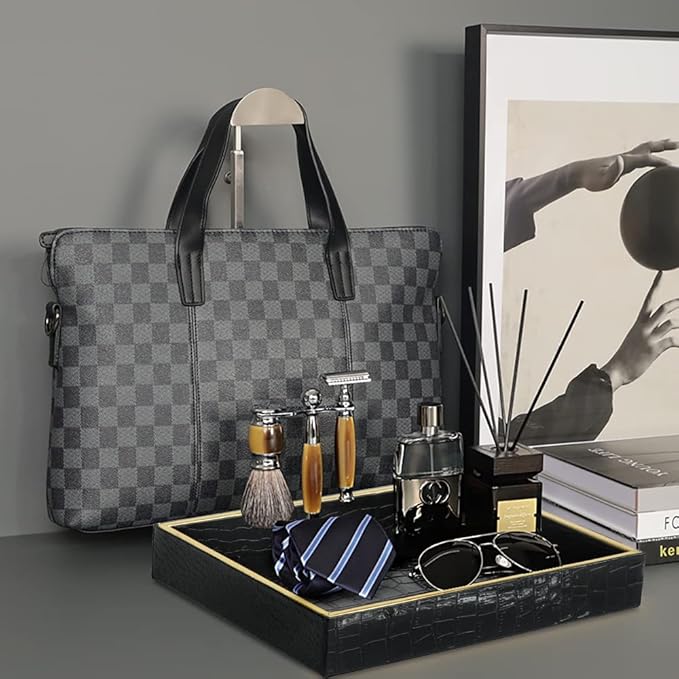 HofferRuffer Faux Leather Vanity Tray, Elegant Desktop Storage Organizer, Decorative Catchall Perfume Tray, Bathroom Valet or Nightstand Dresser Organizer (Black Croco)