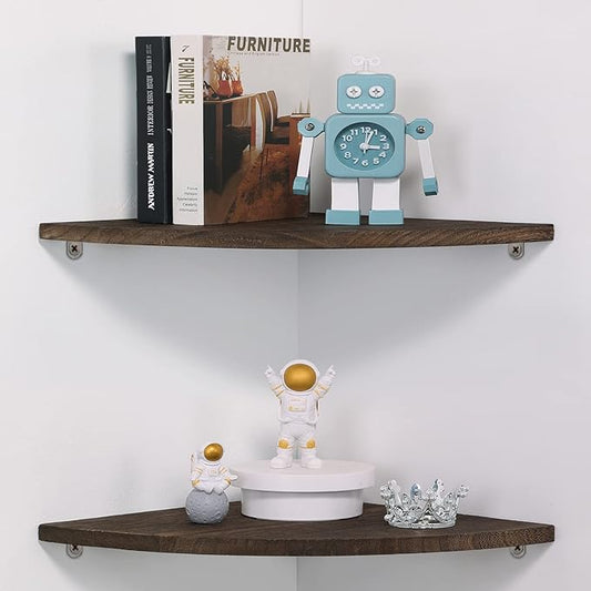 10 inch Corner Wall Shelf, Set of 2 Solid Wood Corner Floating Shelves for Wall, Round End Wall Mounted Floating Corner Shelf for Bedroom, Living Room and Kitchen (Brown-10 inch)