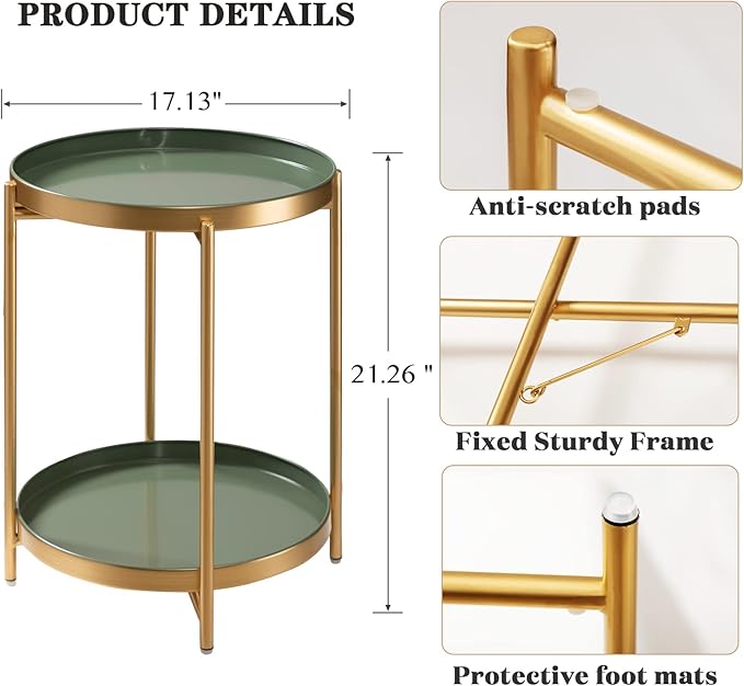 TeoKJ 2 Tier Gold Side Table, Folding Round Metal End Table Small Nightstand with Two Removable Tray for Bedroom Living Room Bedside Small Spaces Gold + Dark Green