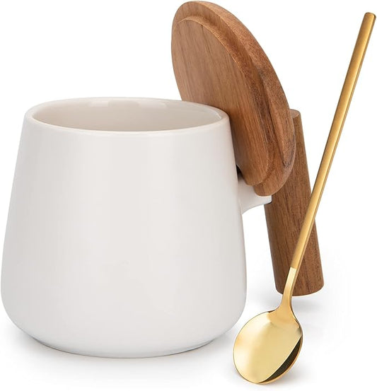 Ceramic Coffee Mug,Tea Cup for Office and Home,14 Oz Cup with Lid and Coffee Spoon, Birthday Gifts for Women and Men, 1 Pack (White)