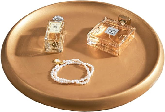 DN Decoration Gold Decorative Tray, 14 Inch Large Gold Tray, Round Wooden Trays for Home Decor, Coffee Table Trays Decor for Perfume, Jewelry, Living Room, Table Centerpiece, Bathroom, Ottoman