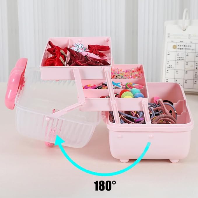 Hair Accessories Organizer for Girls Headbands, Clips, Ties Baby Girl Supplies, Lockable Three-layer Folding Craft Organizers and Storage Plastic Jewelry Box,10.8 * 5.9 * 5.7in (Pink)