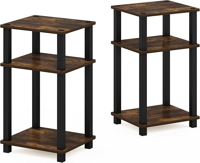 Furinno Just 3-Tier Turn-N-Tube End Table/Night Stand/Bedside Table, 2-Pack, Amber Pine/Black