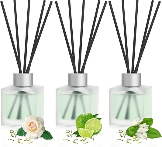 3-Pack Reed Diffuser Set, 100ml Rose Green Tea/Lemon Green Tea/Jasmine Green Tea Essential Oils with Diffuser Sticks, Long Lasting Air Freshener, Home Fragrance for Bathroom Decor