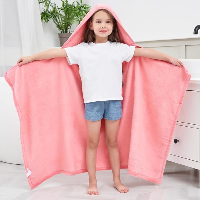 Hiturbo 2Pcs Kids Fleece Hooded Towel: Soft Plush Warm Blanket - 50"x30" Pool Beach Bath Swim Towel Wrap for 3-12 Yrs (Navy+Pink)