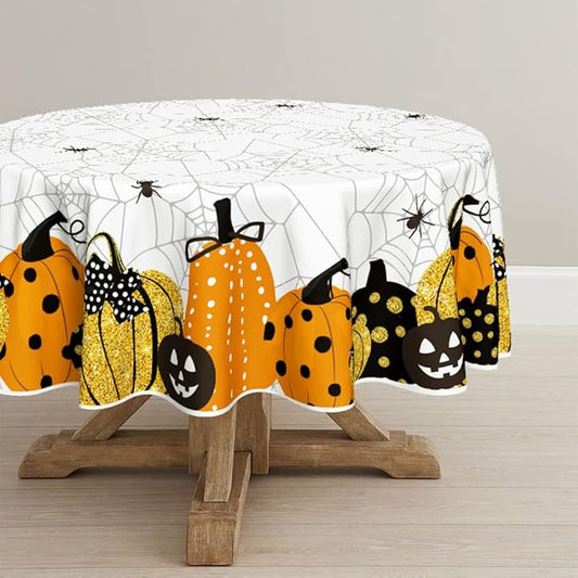 Horaldaily Halloween Tablecloth 70x70 Inch Round, Jack-O-Lantern Pumpkin Cobweb Scary Themed Washable Table Cover for Party Picnic Dinner Decor