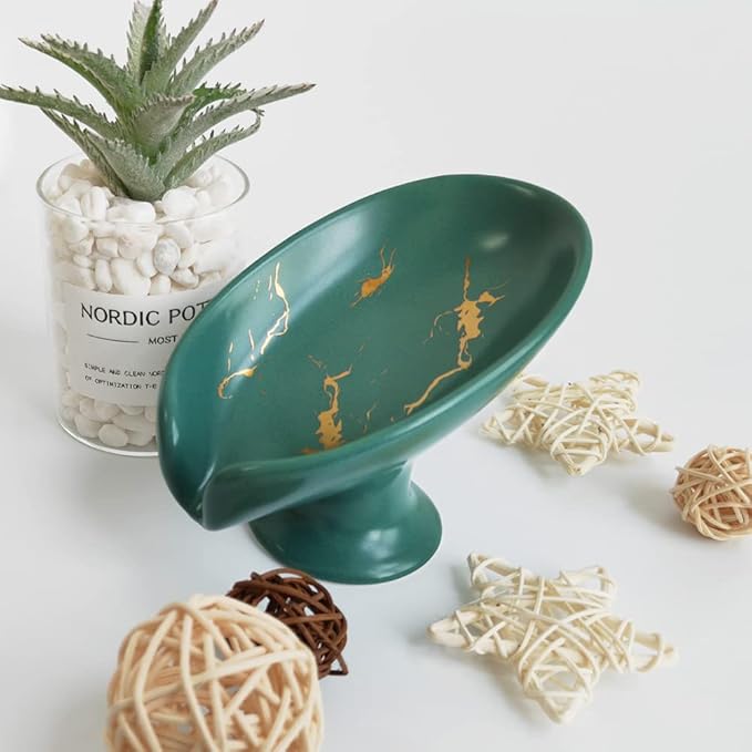 Leaf-Shape Ceramic Soap Dish, Gold Marble Pattern, Easy to Clean, Self Draining Soap Holder, Keeps Soap Dry (Green)