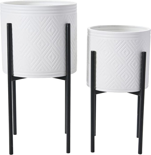 Main + Mesa Modern Boho Embossed Metal Planters with Stands, White and Black, Set of 2 Sizes