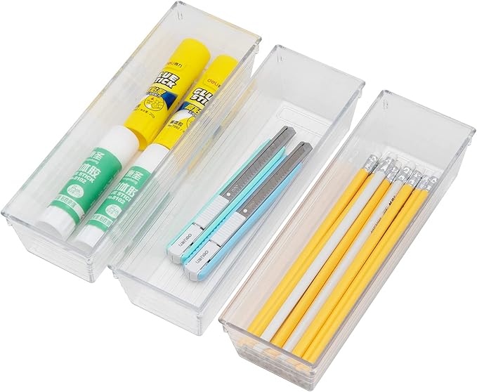 Backerysupply Clear Plastic Drawer Organizer Tray for Vanity Cabinet (9"×3"×2"，Set of 8),Storage Tray for Makeup, Kitchen Utensils, Jewelries, and Gadgets