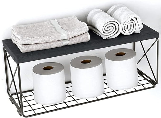 Bathroom Shelf with Wire Storage Basket, Floating Shelf Over Toilet with Protective Metal Guardrail, Wall Shelf for Bedroom, Living Room, Kitchen and Bathroom Toilet Paper
