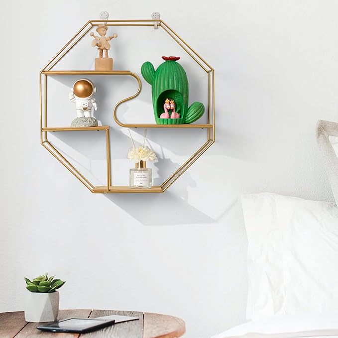 Gold Octagon Wall Mounted Metal Floating 3 Tier Shelf, Geometric Wall Shelves with Wire Frame and Wood Partition, Modern Simple Honeycomb Display Shelves Boho Decor for Bedroom, Living Room, Office