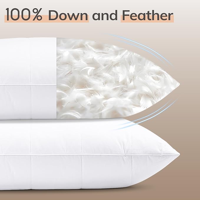 SAVORI Pack of 2 Goose Down Feather Pillows with 100% Cotton Cover, Soft Hotel Bed Pillow for Sleeping, Cooling Pillow for Back, Stomach or Side Sleepers, Standard Size-White 20x26 Inch
