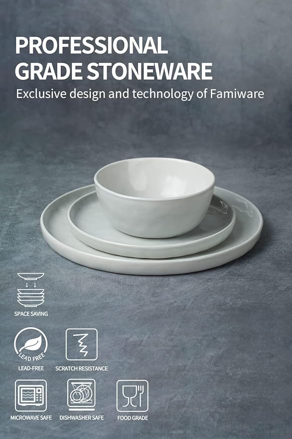 Famiware Mars Plates and Bowls Sets, 24 Pieces Dinnerware Sets, Dishes Set for 8, White