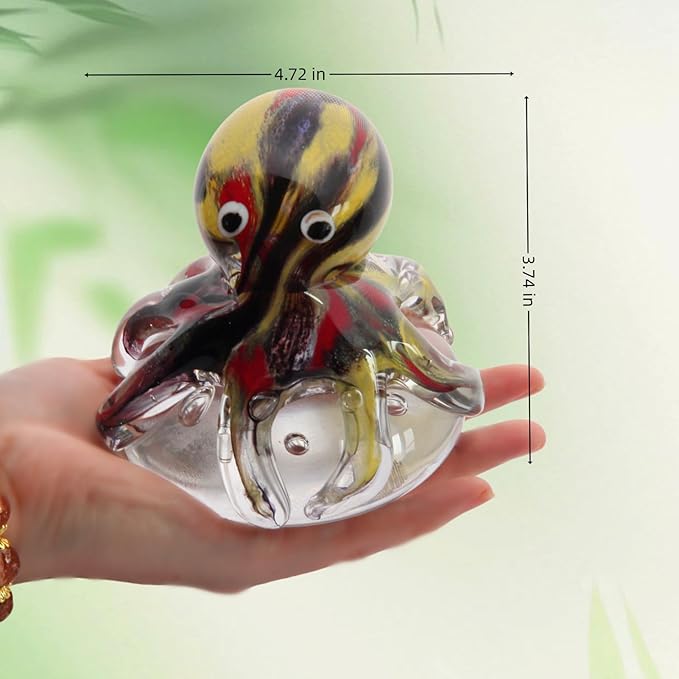 Hand Blown Glass Octopus Figurine with Iridescent Tentacles & Polished Crystal Base, Sea Life Figurines for Decorating Fish Tank Aquariums, Glass Paperweight (Black)