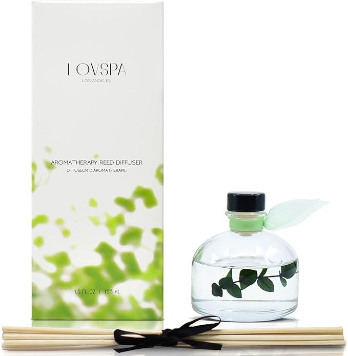 LOVSPA Unwind Peppermint & Eucalyptus Reed Diffuser Set - Stress Relief Aromatherapy Scented Sticks - Fresh Peppermint, Aromatic Eucalyptus & Vanilla, Aromatherapy for Your Home
